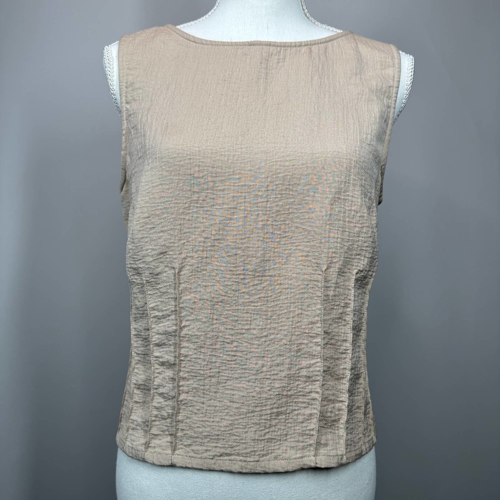 Ron Leal | Tan Silk Sleeveless Low Back Blouse W/ Back Bow, Size L